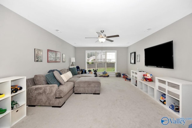 3011 Chimney Cove Cir, Brownsboro, AL 35741 - carpeted living room featuring a ceiling fan