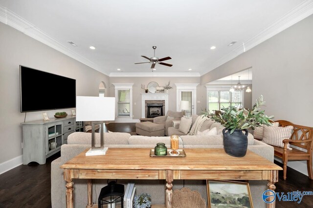 3011 Chimney Cove Cir, Brownsboro, AL 35741 - living area with ceiling fan, a fireplace with raised hearth, dark wood-style floors, crown molding, and baseboards