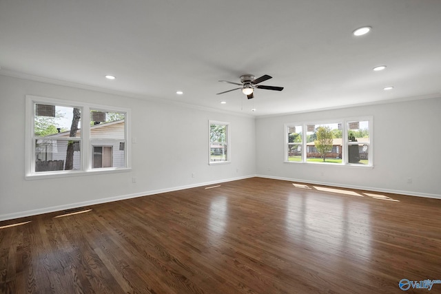 2707 Morgan St SW, Huntsville, AL 35805 - empty room featuring dark wood-style floors, baseboards, recessed lighting, ornamental molding, and a ceiling fan