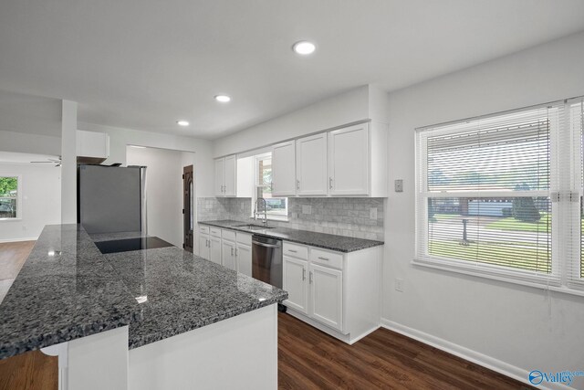 2707 Morgan St SW, Huntsville, AL 35805 - kitchen with white cabinetry, decorative backsplash, appliances with stainless steel finishes, a sink, and dark wood-style floors