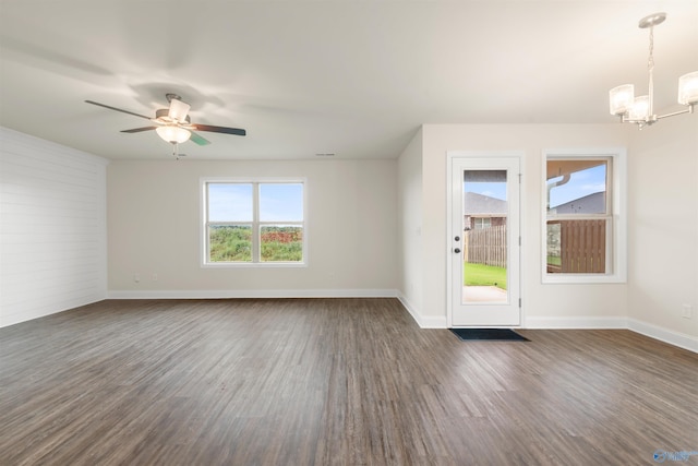 228 Cherry Laurel Dr, Hazel Green, AL 35750 - spare room featuring a chandelier, dark wood finished floors, and a ceiling fan