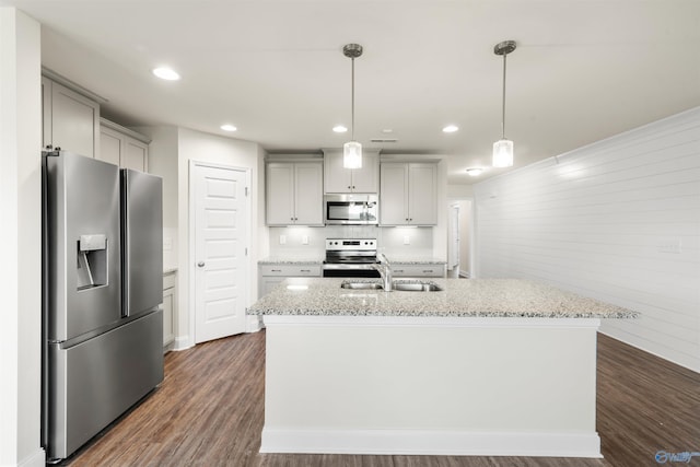 228 Cherry Laurel Dr, Hazel Green, AL 35750 - kitchen with stainless steel appliances, gray cabinets, dark wood-style floors, light stone countertops, and recessed lighting