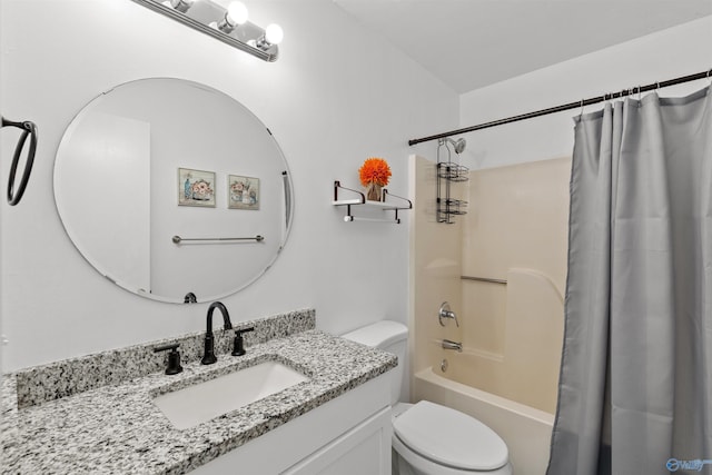 full bath featuring shower / bath combination with curtain, toilet, and vanity