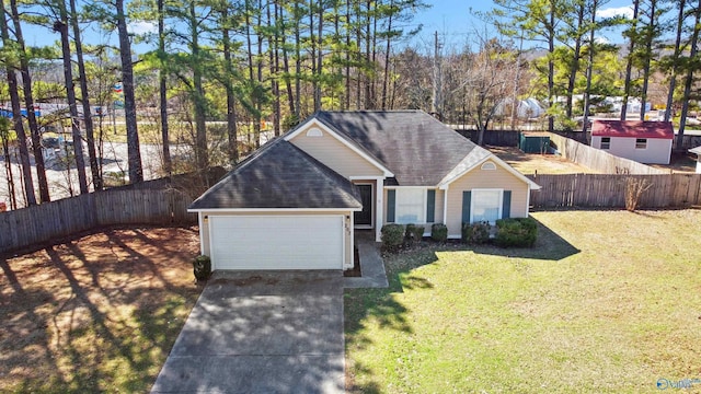 ranch-style home with a front yard, fence, a garage, and a shingled roof