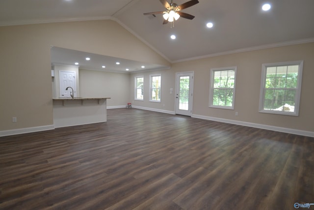 993 Old Cullman Rd, Arab, AL 35016 - unfurnished living room featuring a sink, ornamental molding, baseboards, ceiling fan, and dark wood finished floors