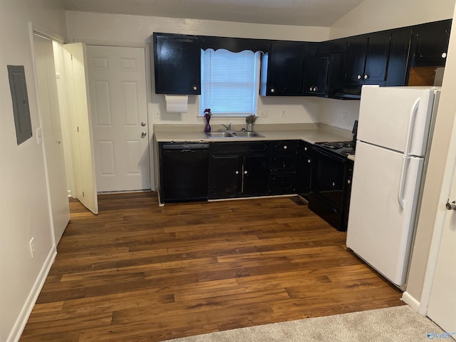 kitchen with range hood, sink, electric panel, black appliances, and dark wood-type flooring