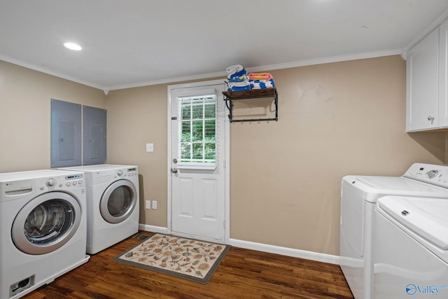 228 George Byrd Dr, Owens Cross Roads, AL 35763 - laundry room with washer and clothes dryer, cabinet space, dark wood finished floors, crown molding, and baseboards