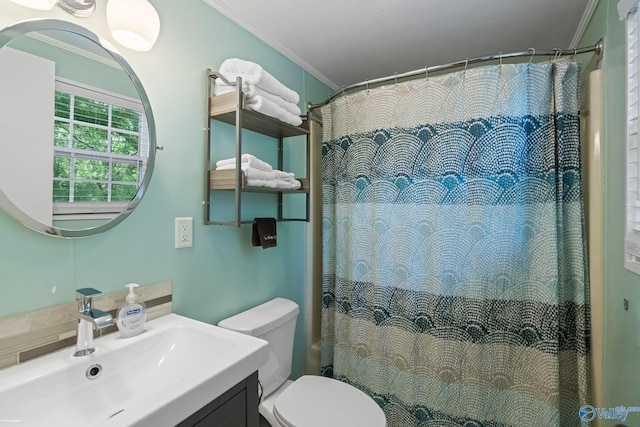228 George Byrd Dr, Owens Cross Roads, AL 35763 - bathroom with vanity, crown molding, toilet, and curtained shower