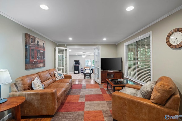 228 George Byrd Dr, Owens Cross Roads, AL 35763 - living room featuring recessed lighting, a ceiling fan, crown molding, and wood finished floors