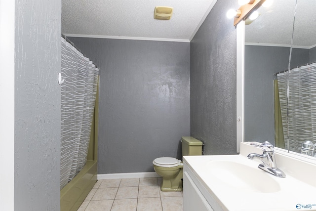 full bathroom featuring ornamental molding, tile patterned floors, toilet, and a textured ceiling