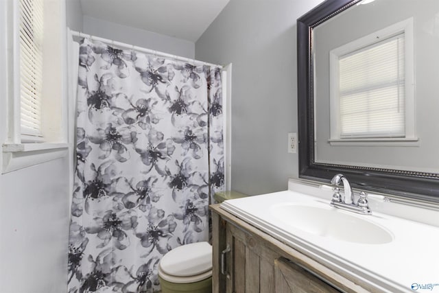 bathroom featuring vanity, toilet, and a shower with shower curtain