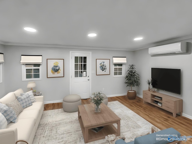 107 Patra Dr, Madison, AL 35758 - living room featuring a wall mounted air conditioner, wood finished floors, crown molding, and recessed lighting