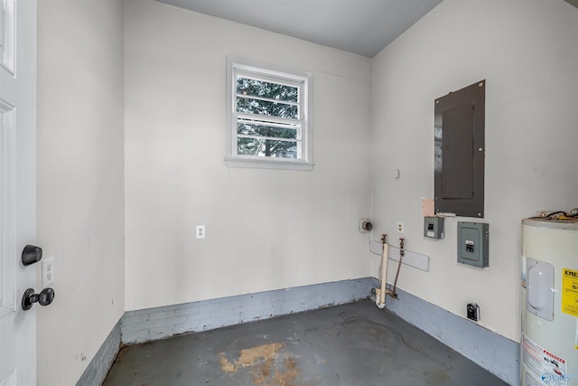 laundry room featuring hookup for a washing machine, electric panel, electric water heater, and hookup for an electric dryer