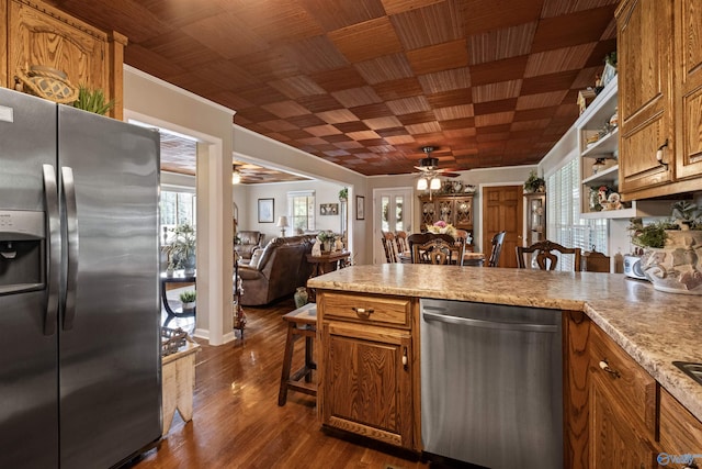 7250 County Road 113, Centre, AL 35960 - kitchen with ceiling fan, light countertops, open shelves, and stainless steel appliances