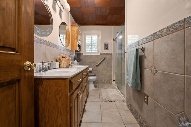 7250 County Road 113, Centre, AL 35960 - bathroom with tile patterned floors, toilet, wood ceiling, tile walls, and a sink