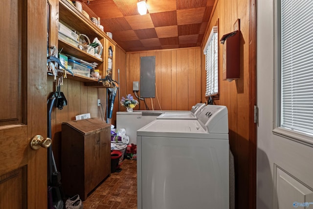 7250 County Road 113, Centre, AL 35960 - laundry area with separate washer and dryer, wooden walls, brick patterned floor, laundry area, and wooden ceiling