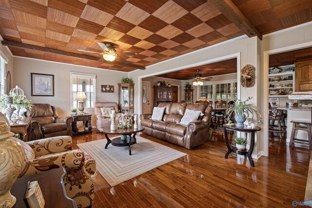 7250 County Road 113, Centre, AL 35960 - living area featuring ornamental molding, a ceiling fan, wood finished floors, wooden ceiling, and baseboards