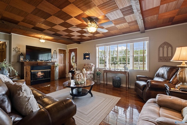 7250 County Road 113, Centre, AL 35960 - living room featuring baseboards, wooden ceiling, ceiling fan, wood-type flooring, and a glass covered fireplace