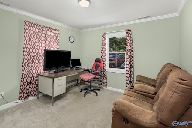 carpeted office space with ornamental molding