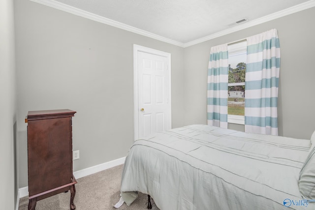 bedroom featuring light carpet, a textured ceiling, multiple windows, and crown molding