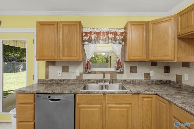 kitchen featuring stainless steel dishwasher, ornamental molding, sink, and plenty of natural light