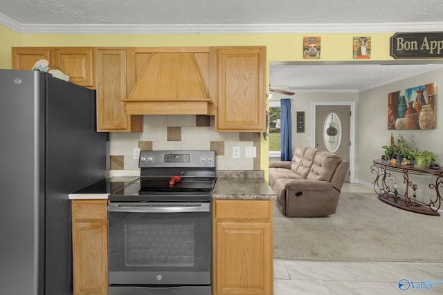 kitchen with tasteful backsplash, light tile patterned floors, stainless steel appliances, custom exhaust hood, and ornamental molding