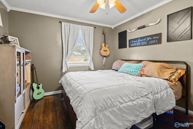 bedroom with ceiling fan, dark hardwood / wood-style flooring, and ornamental molding