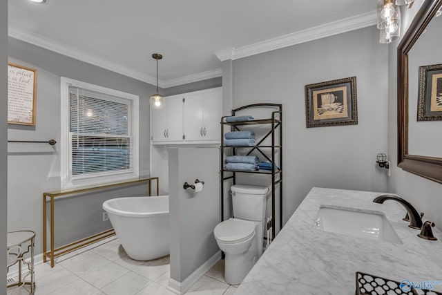 bathroom with vanity, toilet, a bathing tub, and ornamental molding