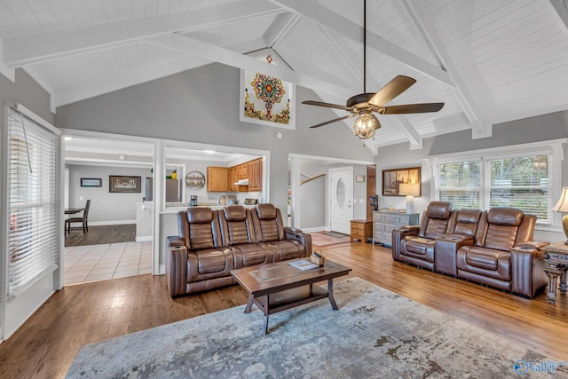 living room with beam ceiling, high vaulted ceiling, wood ceiling, light hardwood / wood-style floors, and ceiling fan