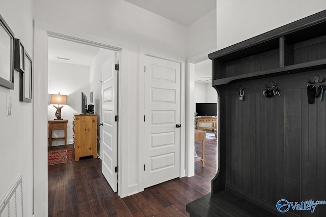 mudroom featuring dark wood finished floors