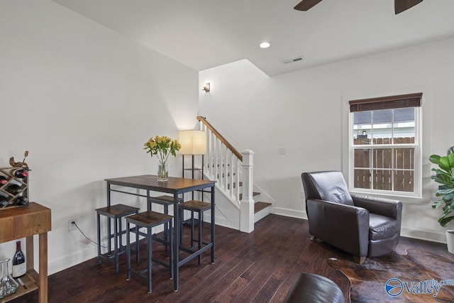 sitting room featuring a ceiling fan, wood finished floors, stairs, baseboards, and recessed lighting