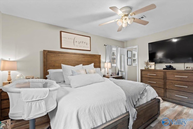 bedroom with ceiling fan and wood-type flooring