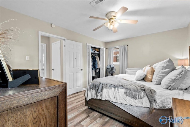 bedroom featuring light wood-type flooring, a closet, and ceiling fan