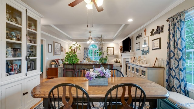 112 Bullard Rd, Hazel Green, AL 35750 - dining room with ceiling fan, a raised ceiling, ornamental molding, and a fireplace