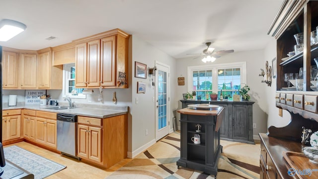 112 Bullard Rd, Hazel Green, AL 35750 - kitchen featuring dishwasher, a sink, a ceiling fan, open shelves, and light countertops