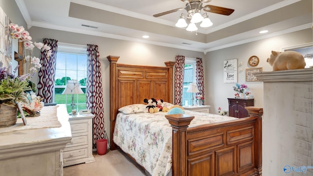 112 Bullard Rd, Hazel Green, AL 35750 - bedroom with a tray ceiling, ornamental molding, light carpet, a ceiling fan, and recessed lighting