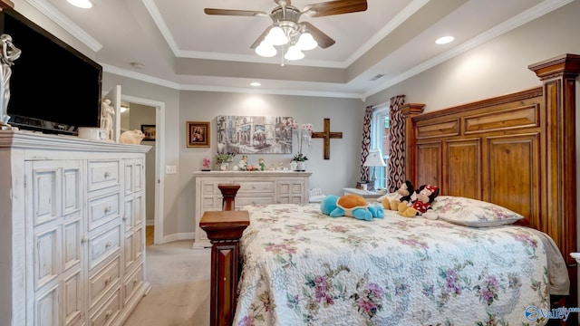 112 Bullard Rd, Hazel Green, AL 35750 - bedroom with a raised ceiling, light carpet, ornamental molding, ceiling fan, and recessed lighting