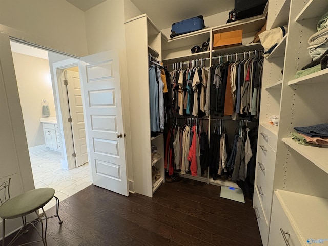 spacious closet with dark hardwood / wood-style flooring