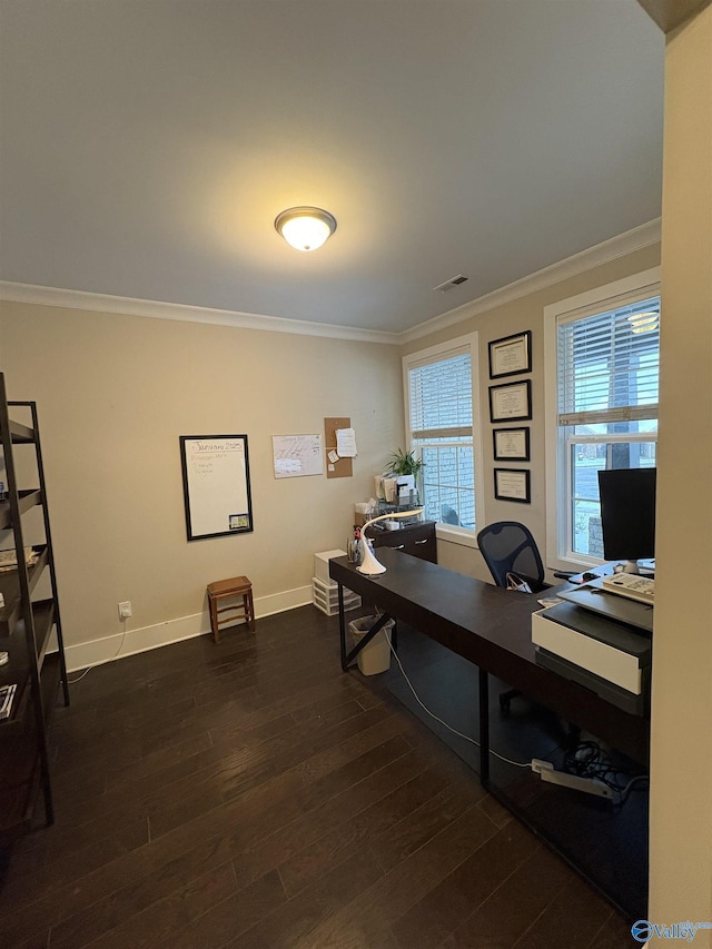 office area featuring ornamental molding and dark hardwood / wood-style floors