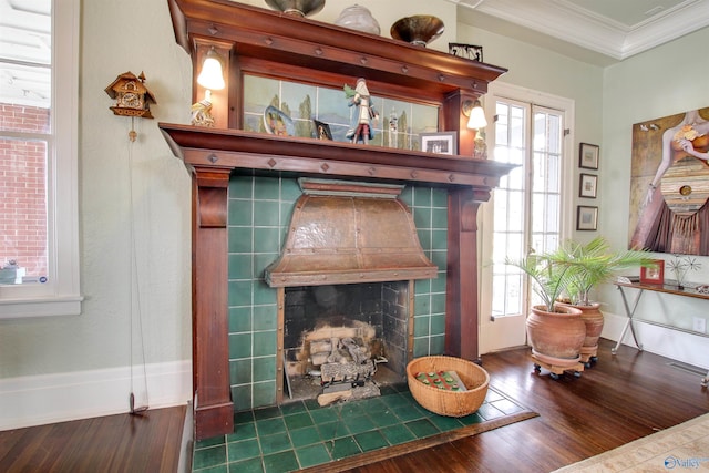 details featuring a fireplace, wood finished floors, visible vents, and crown molding