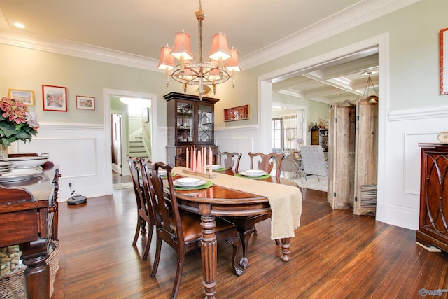 dining area featuring coffered ceiling, dark wood-style floors, beam ceiling, crown molding, and a notable chandelier