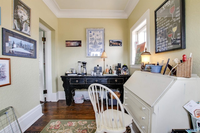 office space with dark wood-style floors, ornamental molding, and baseboards