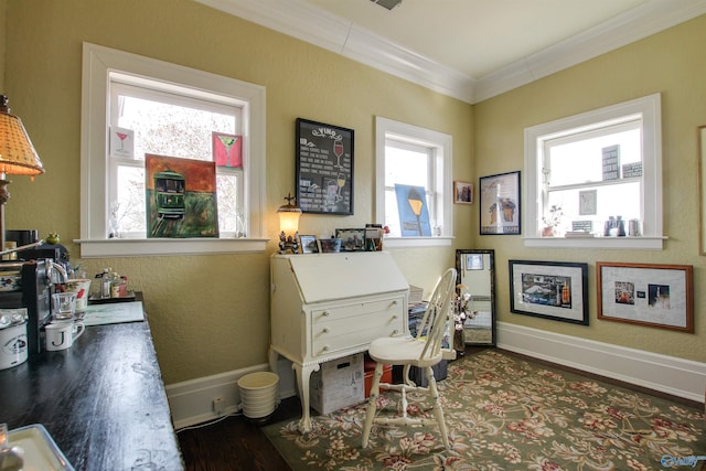 office with baseboards, wood finished floors, and crown molding