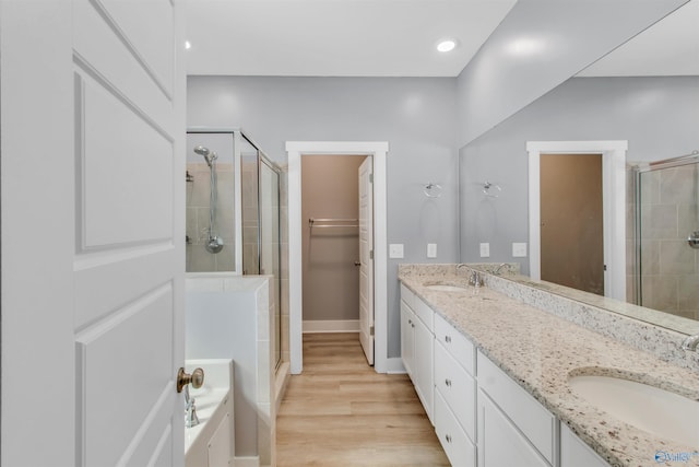 full bathroom with a stall shower, a sink, and wood finished floors