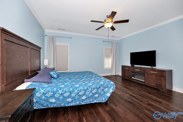 119 Autumn Cove Dr, Madison, AL 35756 - bedroom featuring dark wood-type flooring, ornamental molding, and ceiling fan