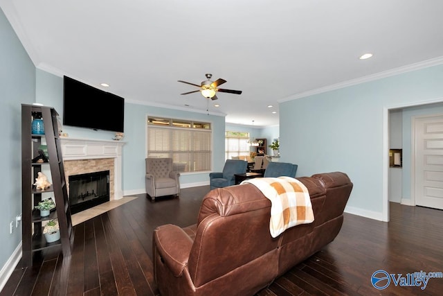 119 Autumn Cove Dr, Madison, AL 35756 - living area with a ceiling fan, a fireplace with flush hearth, wood-type flooring, crown molding, and recessed lighting