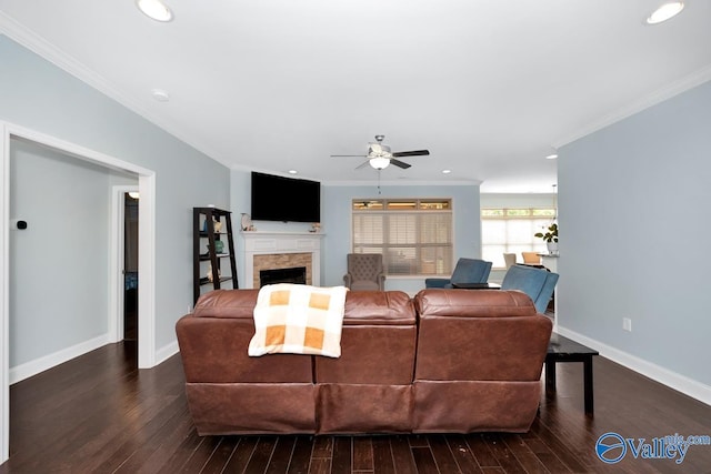 119 Autumn Cove Dr, Madison, AL 35756 - living room with crown molding, hardwood / wood-style flooring, a fireplace, ceiling fan, and recessed lighting