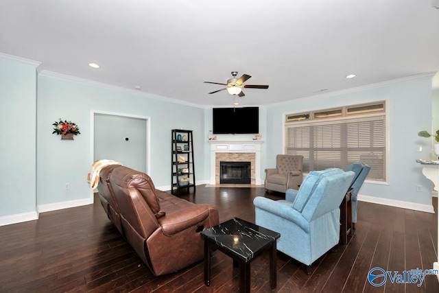 119 Autumn Cove Dr, Madison, AL 35756 - living area featuring a ceiling fan, hardwood / wood-style flooring, a fireplace with flush hearth, ornamental molding, and recessed lighting