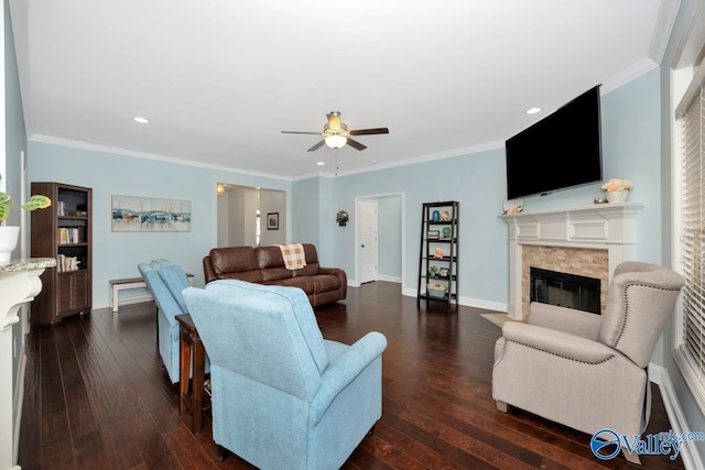 119 Autumn Cove Dr, Madison, AL 35756 - living room featuring ceiling fan, dark wood finished floors, a fireplace, recessed lighting, and ornamental molding