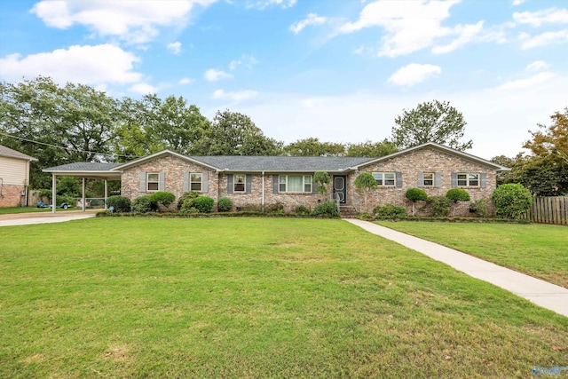 ranch-style home with a carport and a front lawn